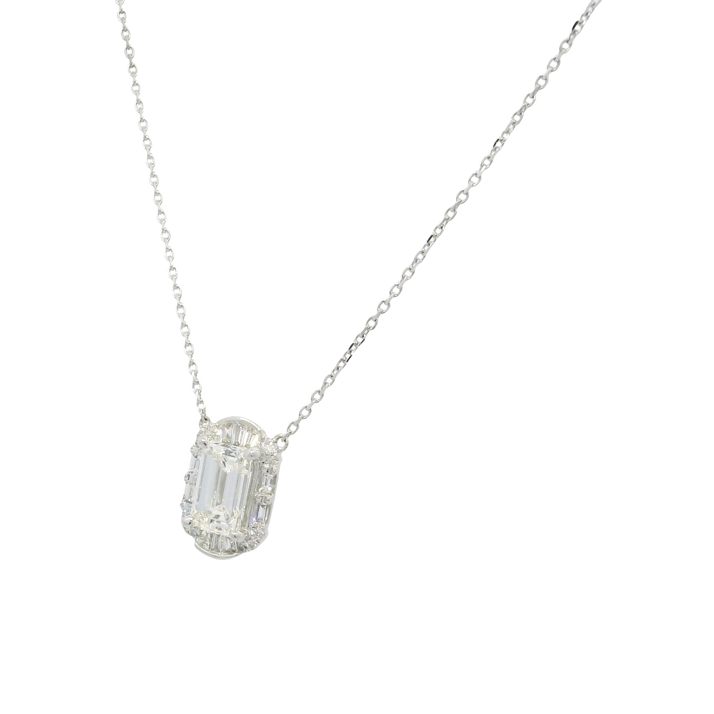 18k White Gold Natural Baguette & Round Diamond Halo Mosaic Necklace