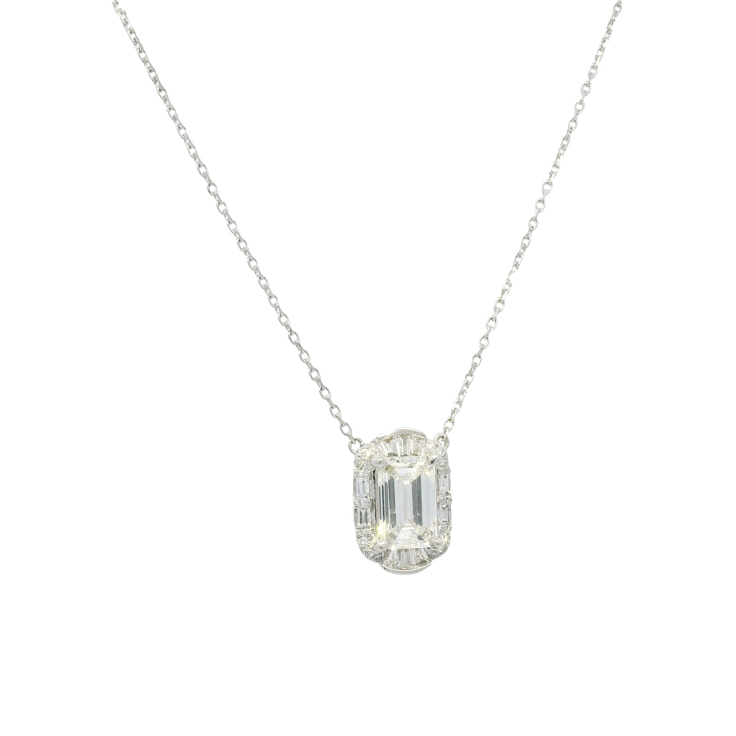18k White Gold Natural Baguette & Round Diamond Halo Mosaic Necklace