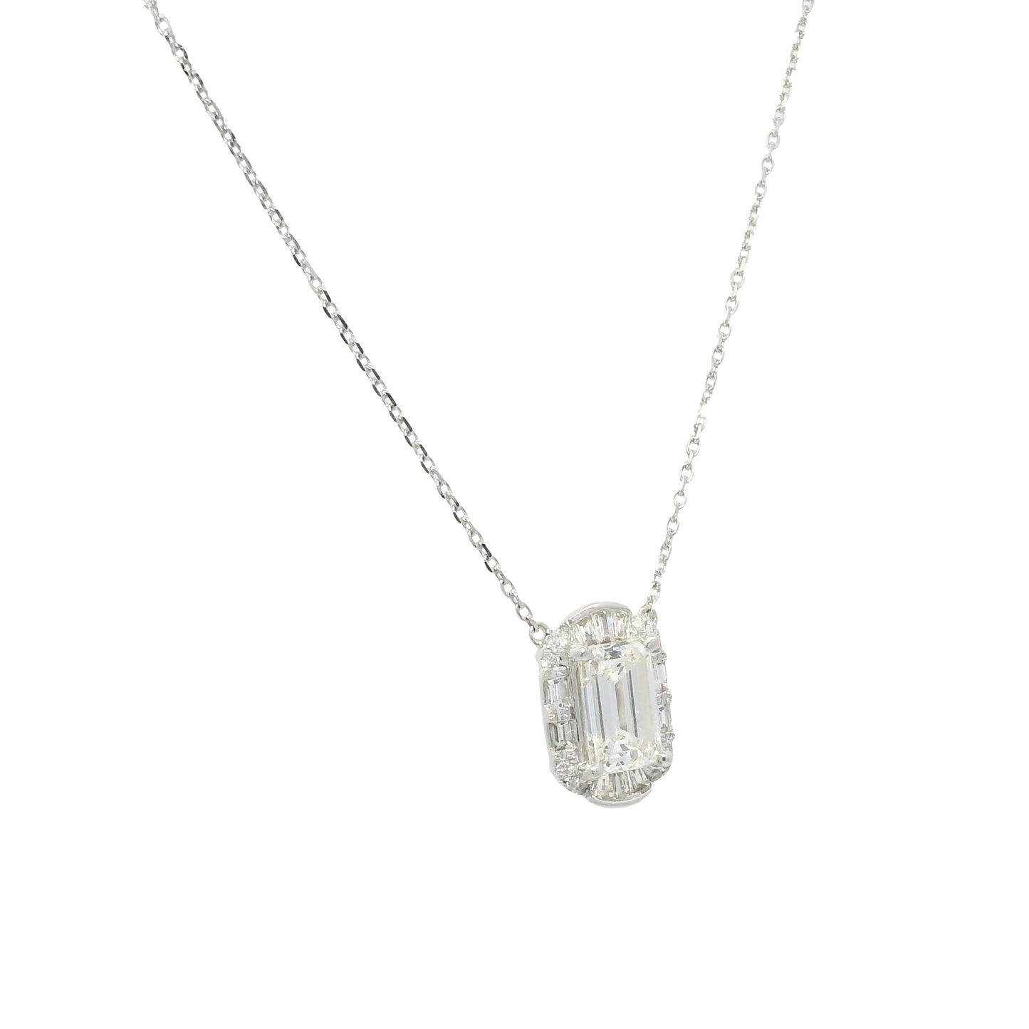 18k White Gold Natural Baguette & Round Diamond Halo Mosaic Necklace