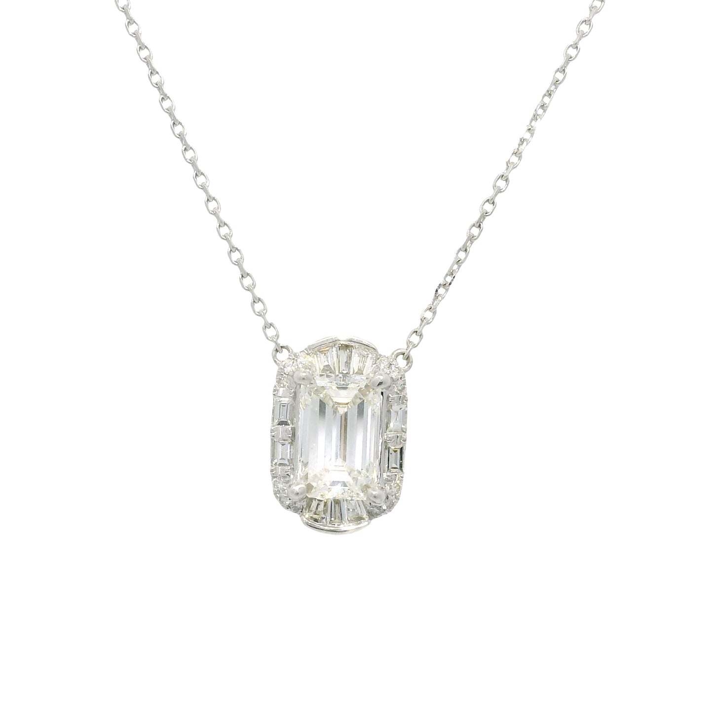 18k White Gold Natural Baguette & Round Diamond Halo Mosaic Necklace