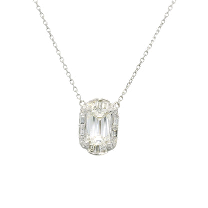 18k White Gold Natural Baguette & Round Diamond Halo Mosaic Necklace
