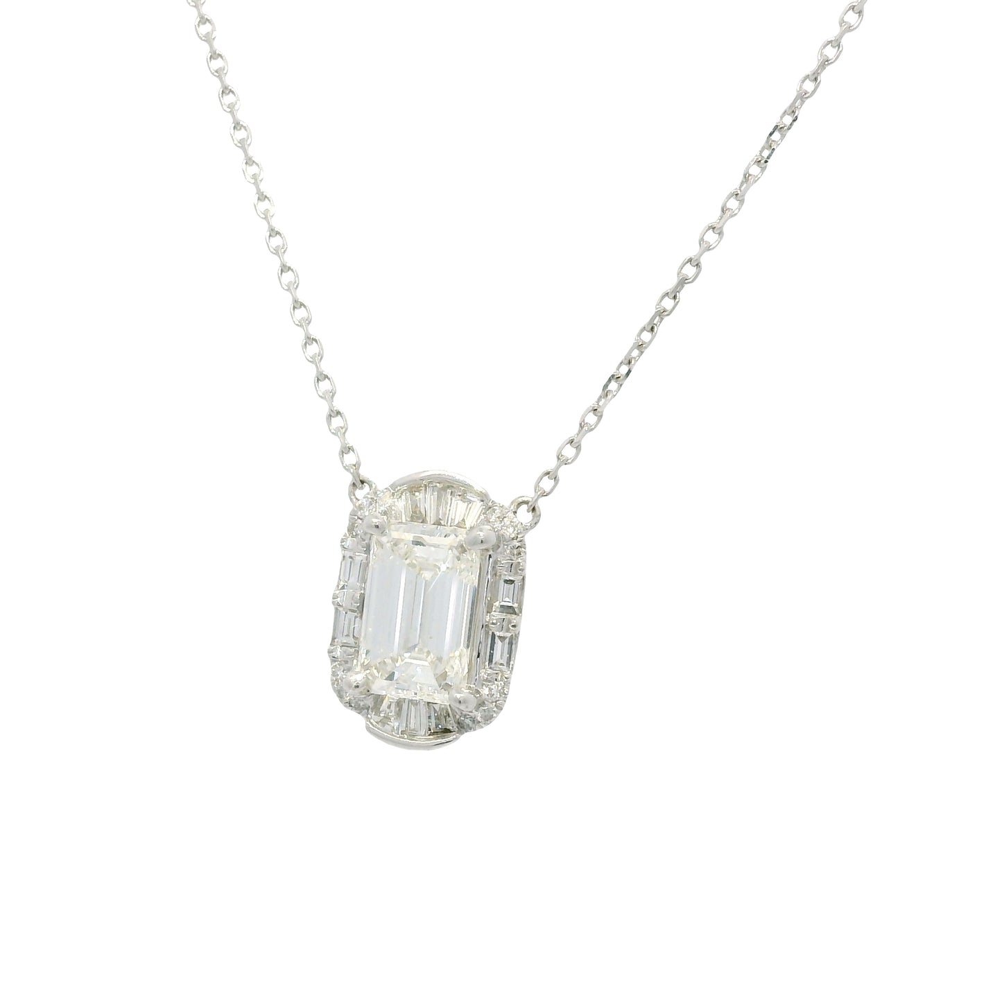 18k White Gold Natural Baguette & Round Diamond Halo Mosaic Necklace