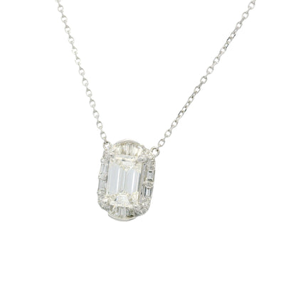 18k White Gold Natural Baguette & Round Diamond Halo Mosaic Necklace