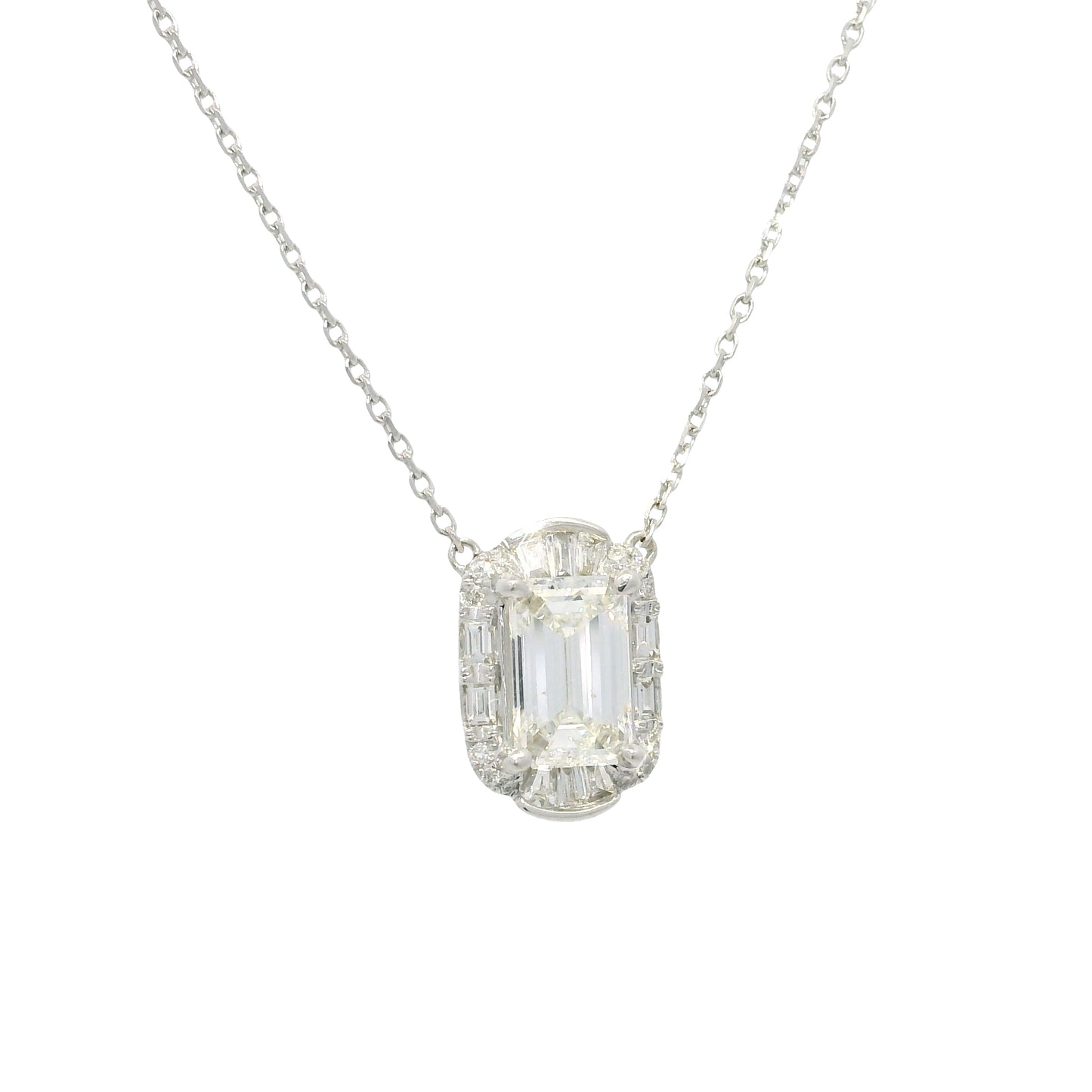 18k White Gold Natural Baguette & Round Diamond Halo Mosaic Necklace