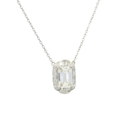 18k White Gold Natural Baguette & Round Diamond Halo Mosaic Necklace