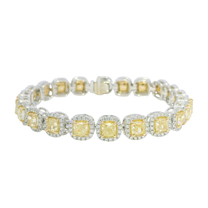 18k Two Tone Gold Natural Yellow & White Diamond Halo Station Bracelet