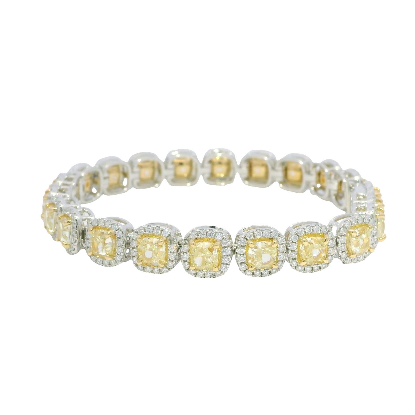18k Two Tone Gold Natural Yellow & White Diamond Halo Station Bracelet
