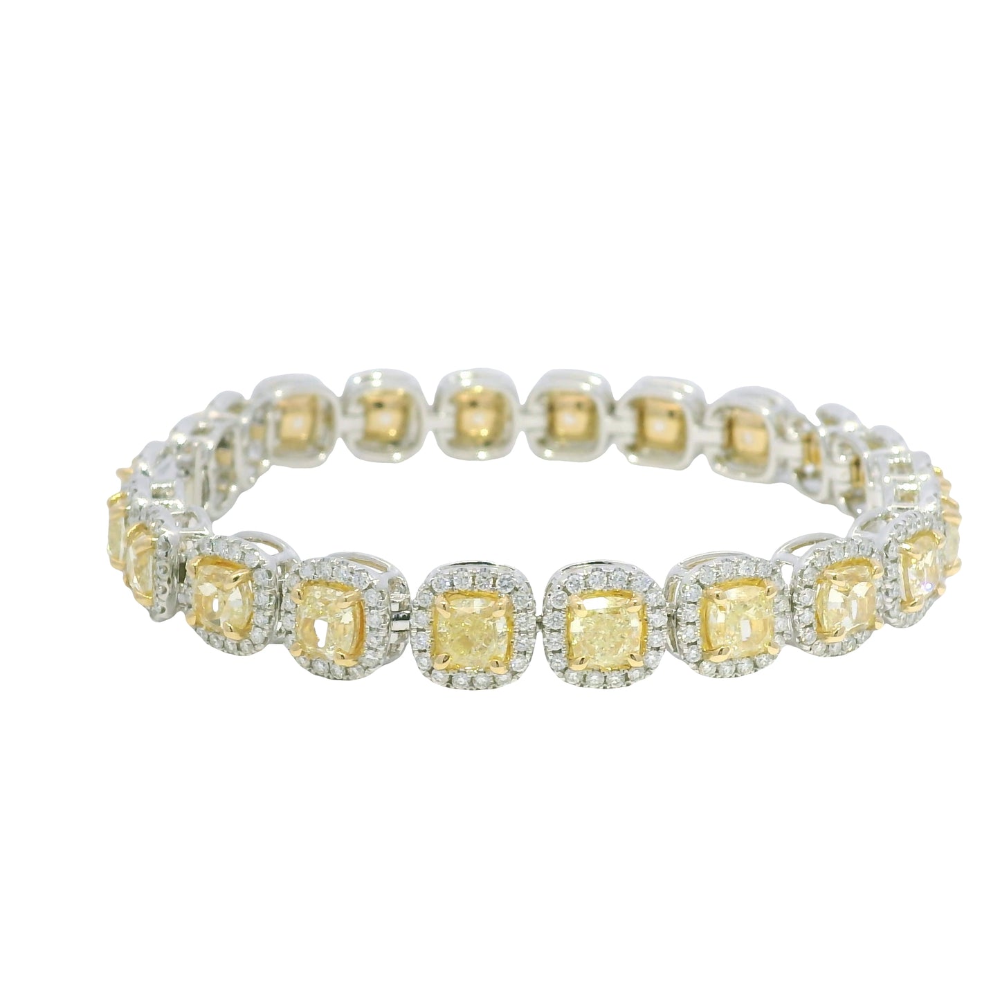 18k Two Tone Gold Natural Yellow & White Diamond Halo Station Bracelet