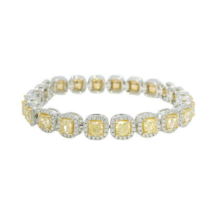 18k Two Tone Gold Natural Yellow & White Diamond Halo Station Bracelet