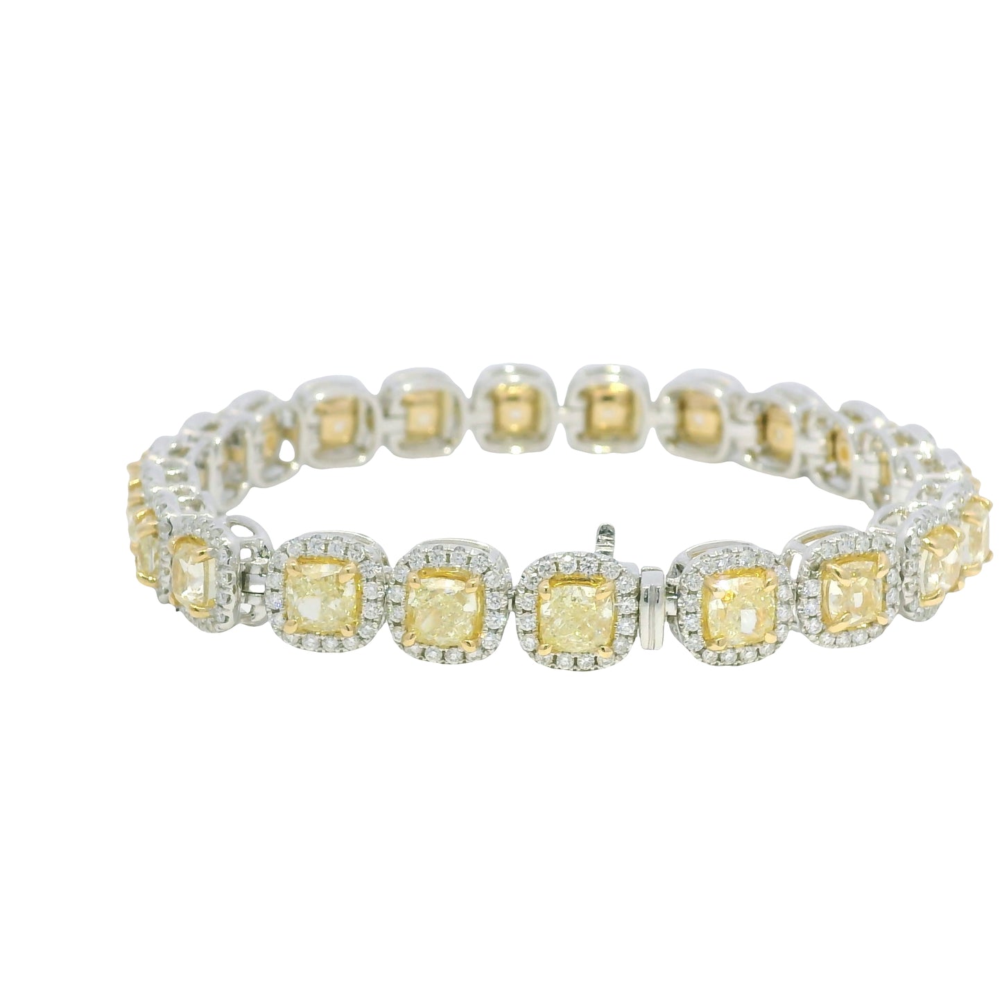 18k Two Tone Gold Natural Yellow & White Diamond Halo Station Bracelet