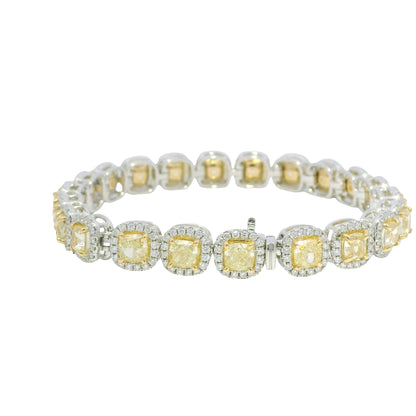 18k Two Tone Gold Natural Yellow & White Diamond Halo Station Bracelet