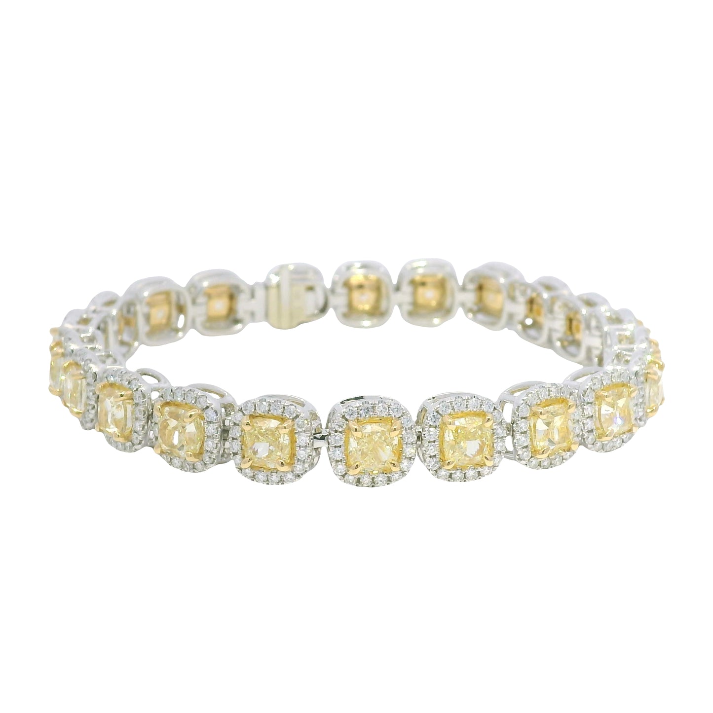 18k Two Tone Gold Natural Yellow & White Diamond Halo Station Bracelet