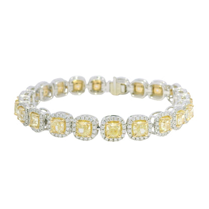 18k Two Tone Gold Natural Yellow & White Diamond Halo Station Bracelet
