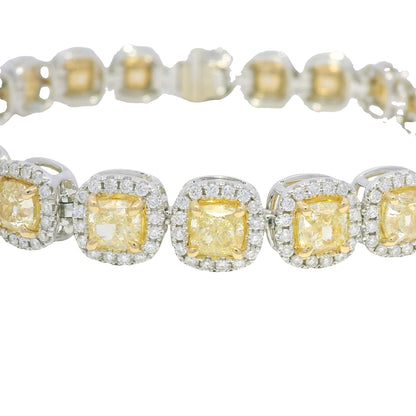 18k Two Tone Gold Natural Yellow & White Diamond Halo Station Bracelet