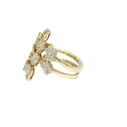 14k Yellow Gold Natural Diamond Multi-Shape 3-Row Bypass Ring