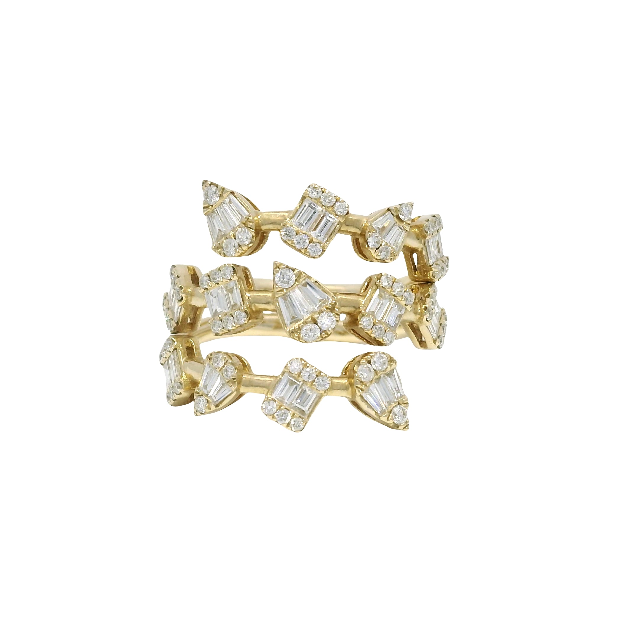 14k Yellow Gold Natural Diamond Multi-Shape 3-Row Bypass Ring