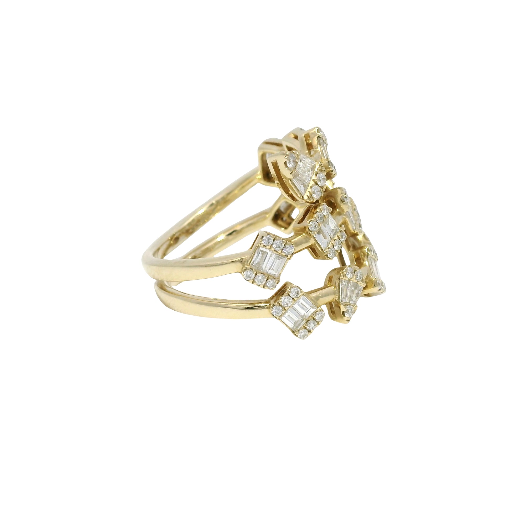 14k Yellow Gold Natural Diamond Multi-Shape 3-Row Bypass Ring