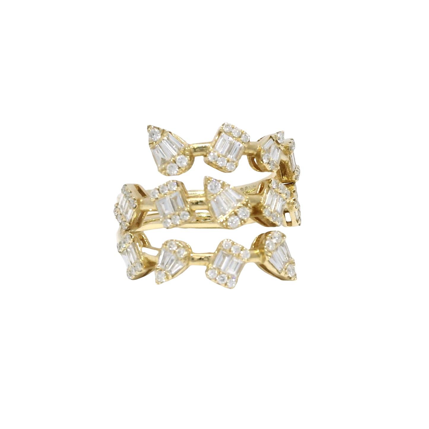 14k Yellow Gold Natural Diamond Multi-Shape 3-Row Bypass Ring