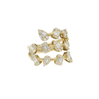 14k Yellow Gold Natural Diamond Multi-Shape 3-Row Bypass Ring