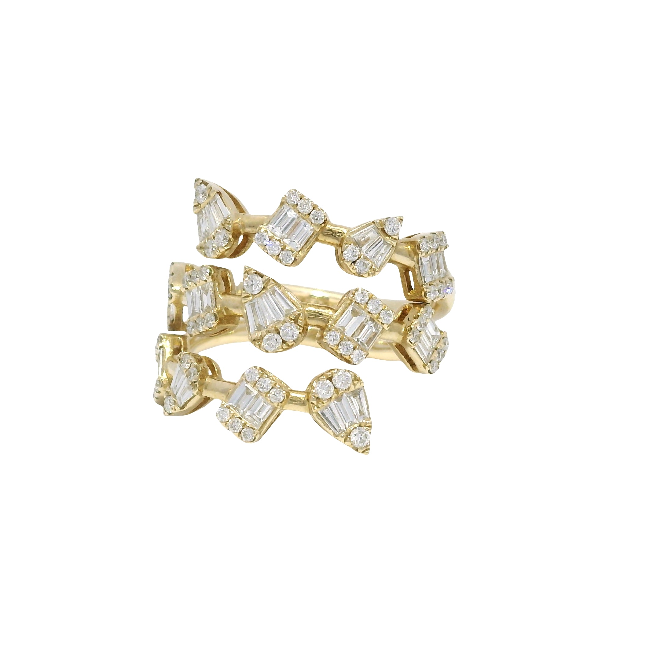 14k Yellow Gold Natural Diamond Multi-Shape 3-Row Bypass Ring