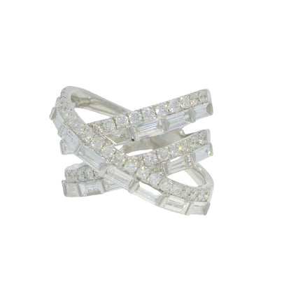 14k White gold Round Brilliant Baguette Diamond Cut Crossover Band