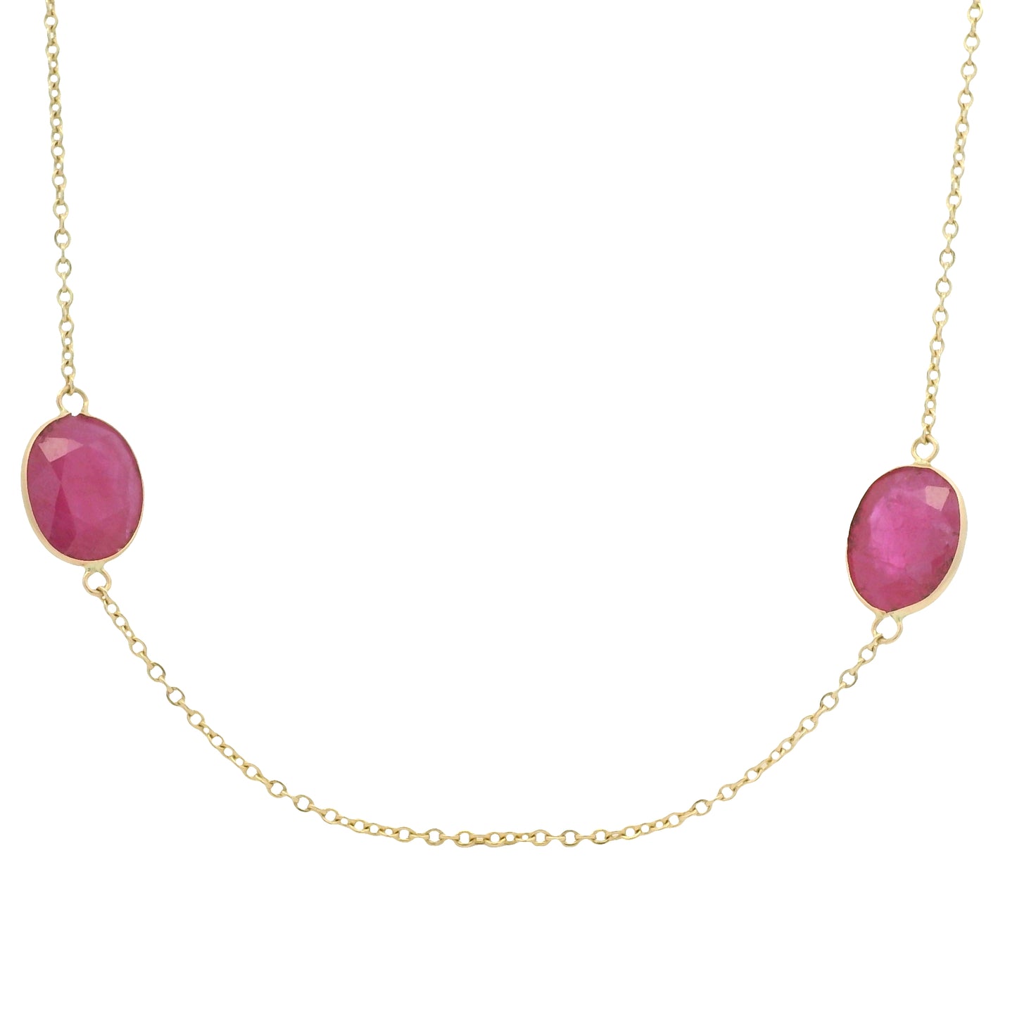 14k Yellow Gold 23.63 Carat Oval Ruby Bezel Set By The Yard Necklace