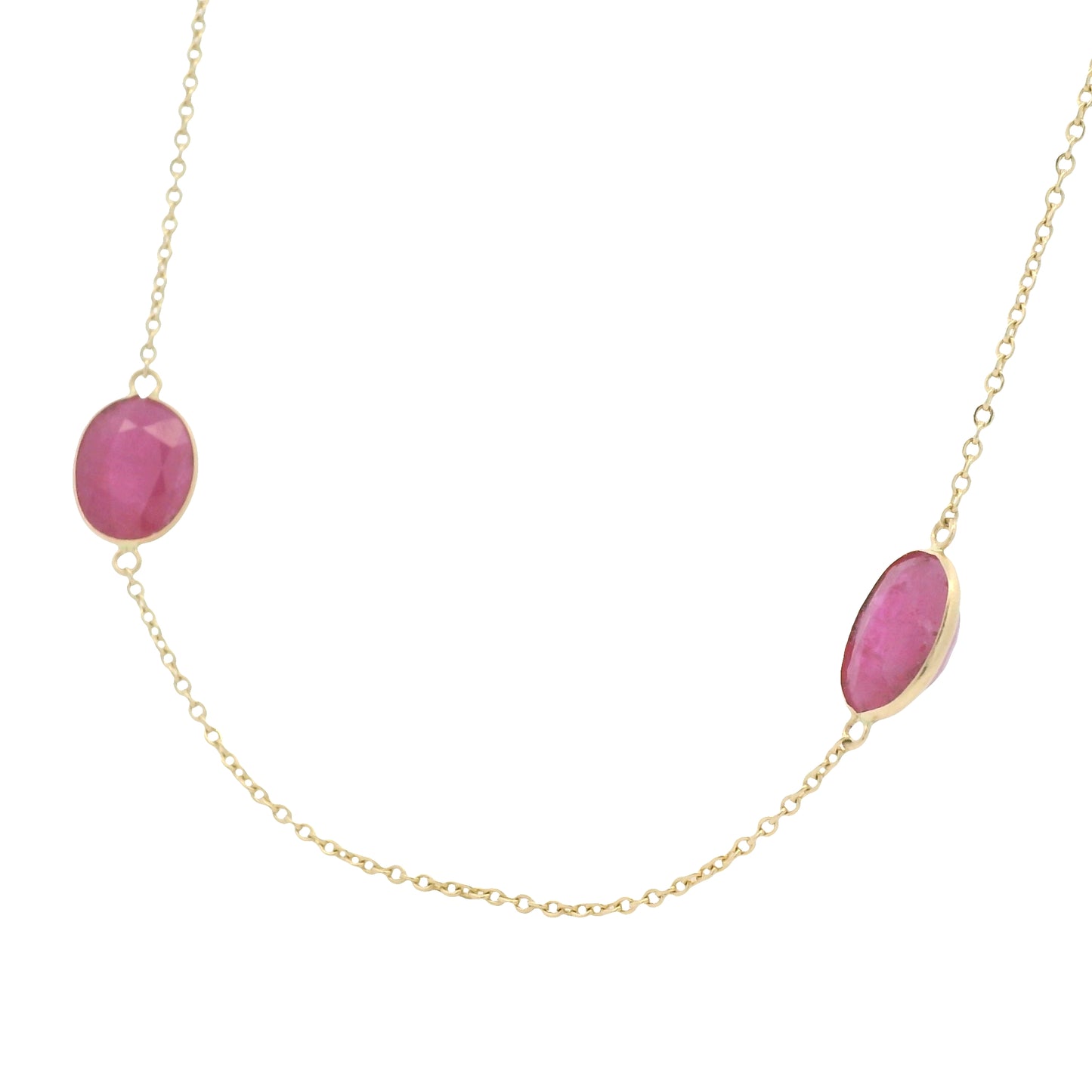 14k Yellow Gold 23.63 Carat Oval Ruby Bezel Set By The Yard Necklace