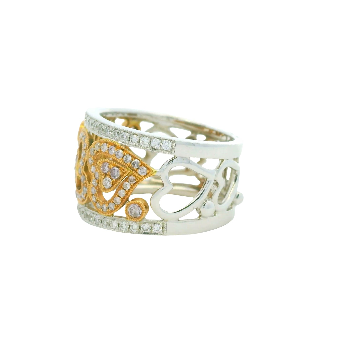 18K Two-Tone Gold Natural Pink & White Round Brilliant Diamond Open Heart Ring