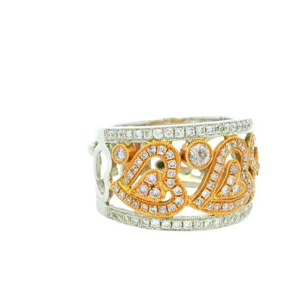 18K Two-Tone Gold Natural Pink & White Round Brilliant Diamond Open Heart Ring