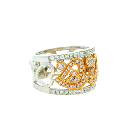 18K Two-Tone Gold Natural Pink & White Round Brilliant Diamond Open Heart Ring