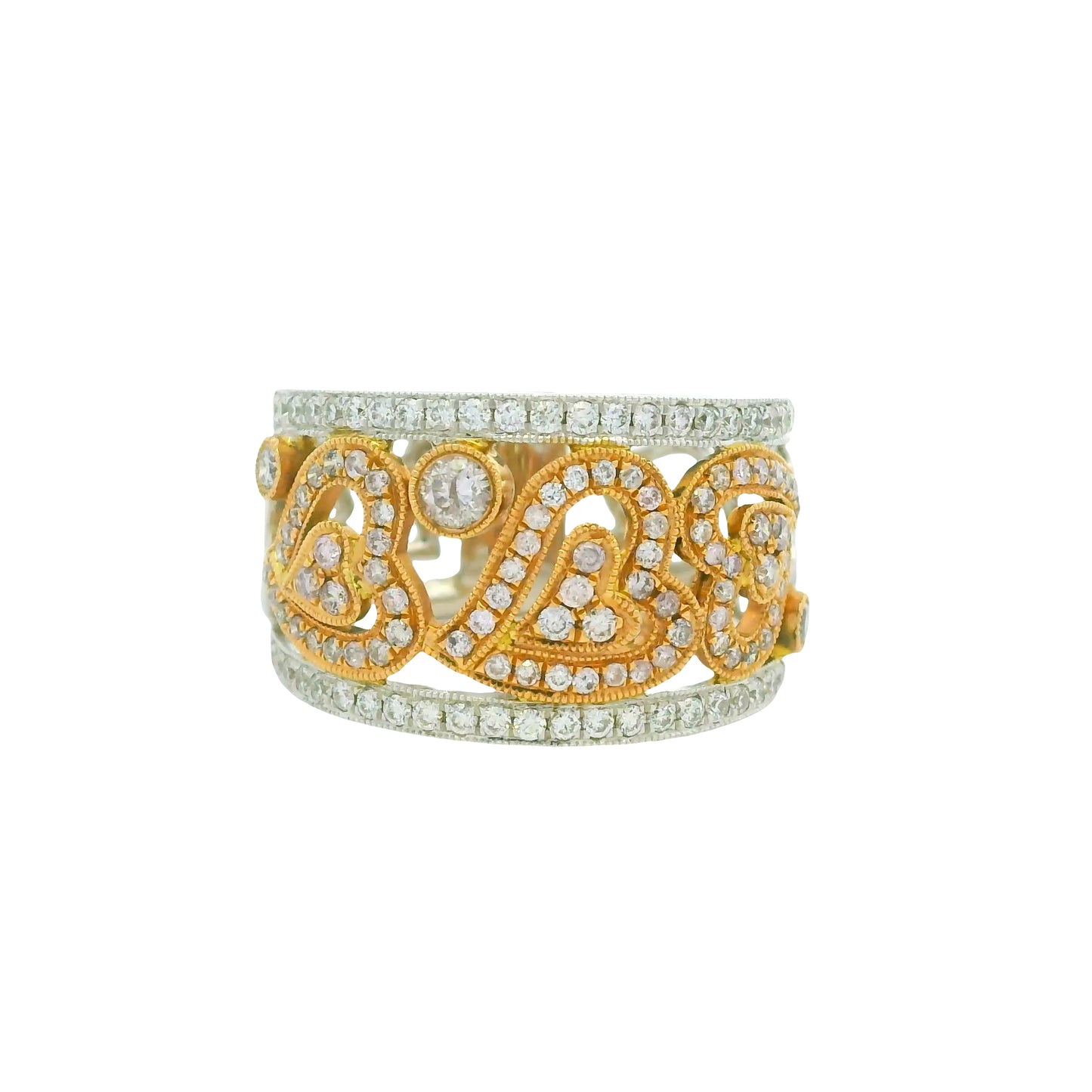 18K Two-Tone Gold Natural Pink & White Round Brilliant Diamond Open Heart Ring
