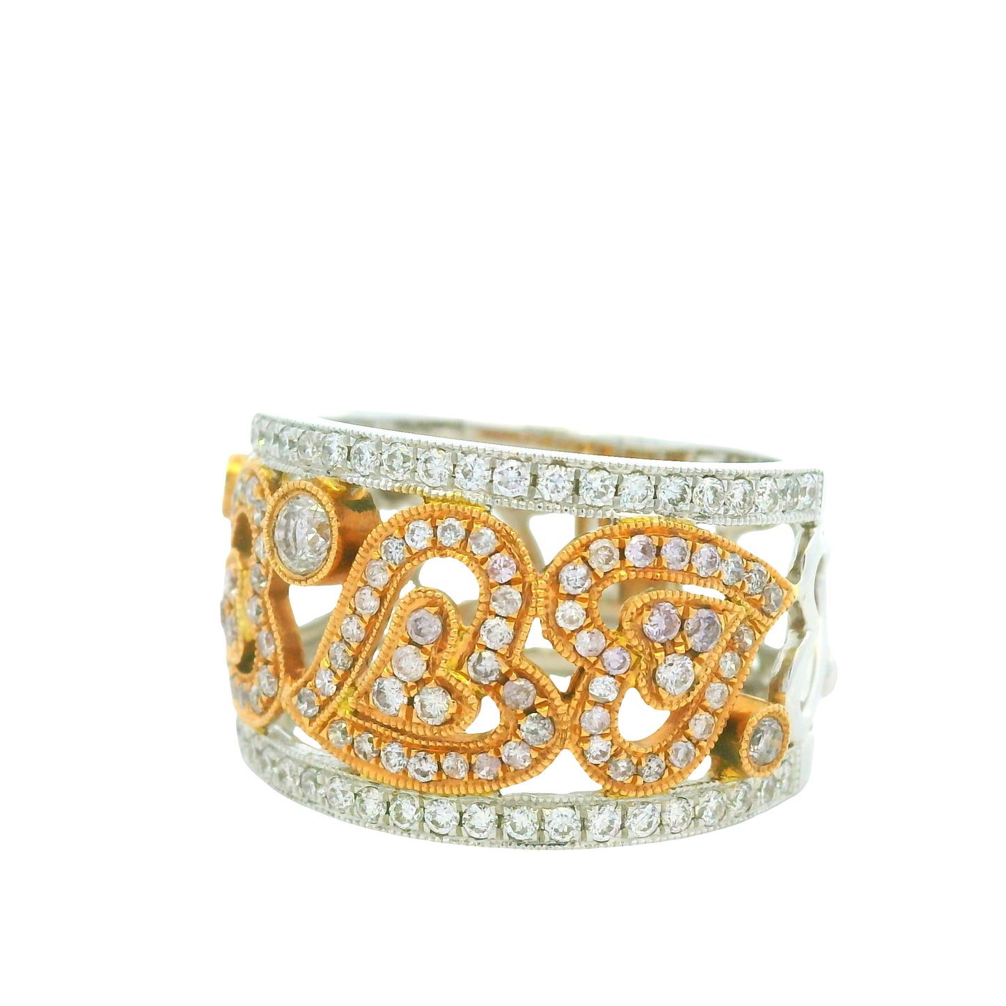 18K Two-Tone Gold Natural Pink & White Round Brilliant Diamond Open Heart Ring