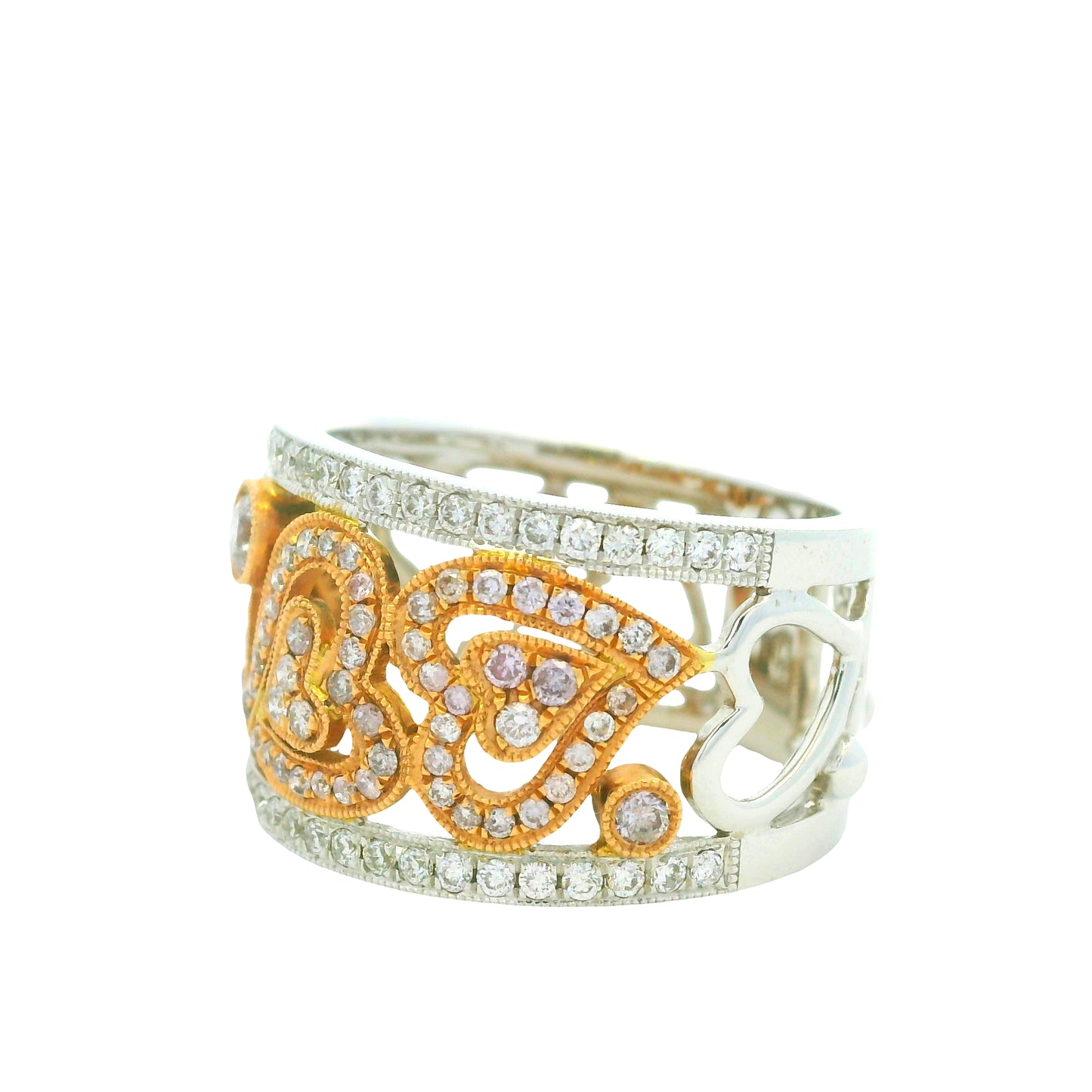 18K Two-Tone Gold Natural Pink & White Round Brilliant Diamond Open Heart Ring