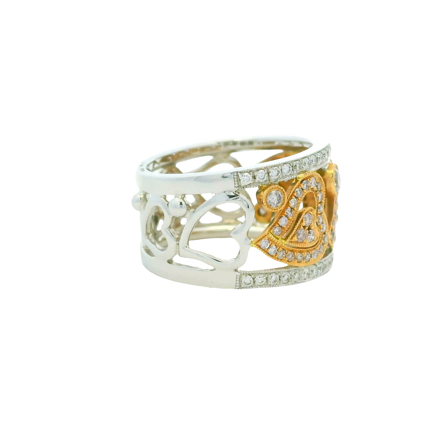 18K Two-Tone Gold Natural Pink & White Round Brilliant Diamond Open Heart Ring