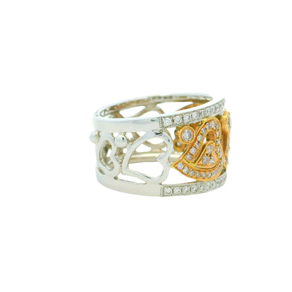 18K Two-Tone Gold Natural Pink & White Round Brilliant Diamond Open Heart Ring
