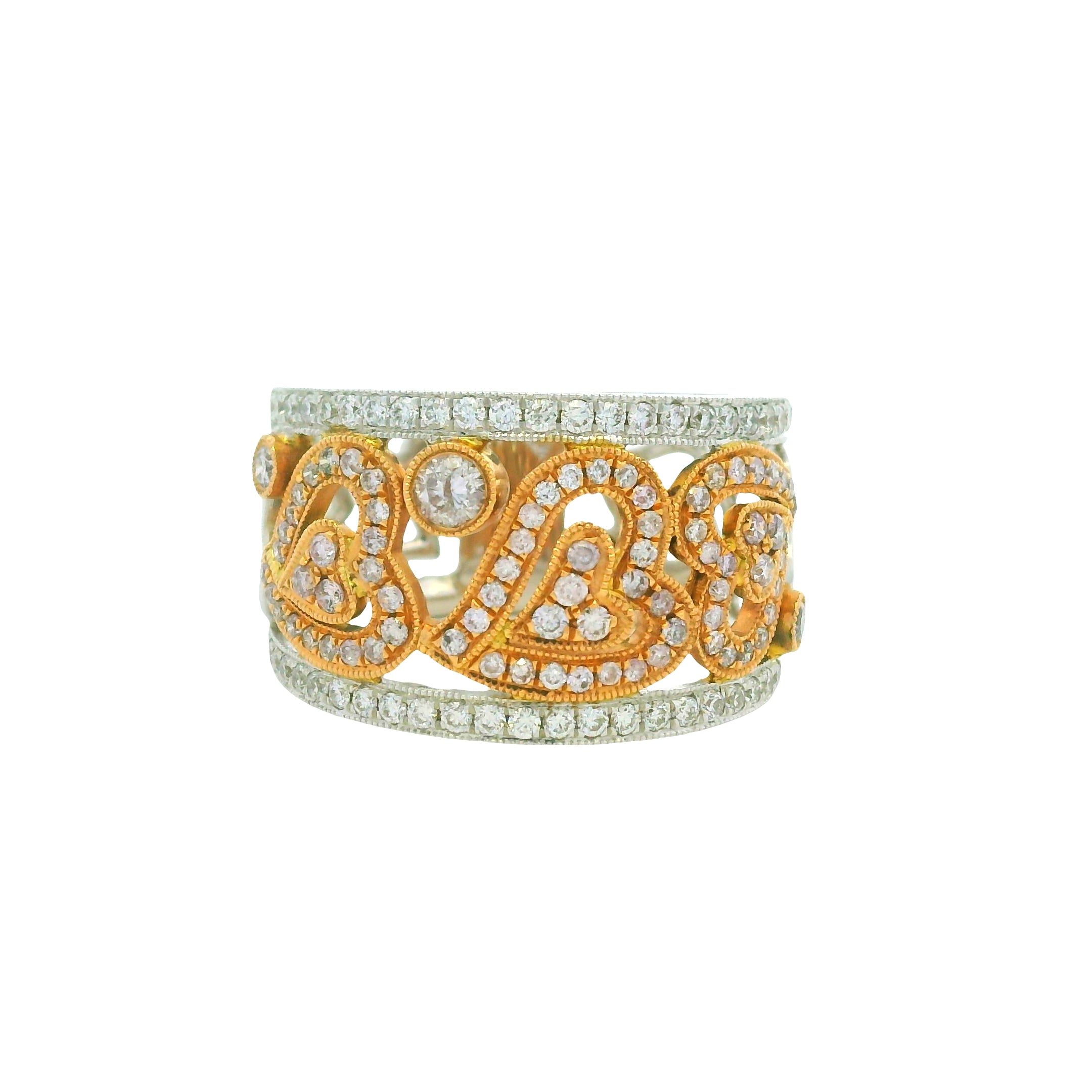 18K Two-Tone Gold Natural Pink & White Round Brilliant Diamond Open Heart Ring