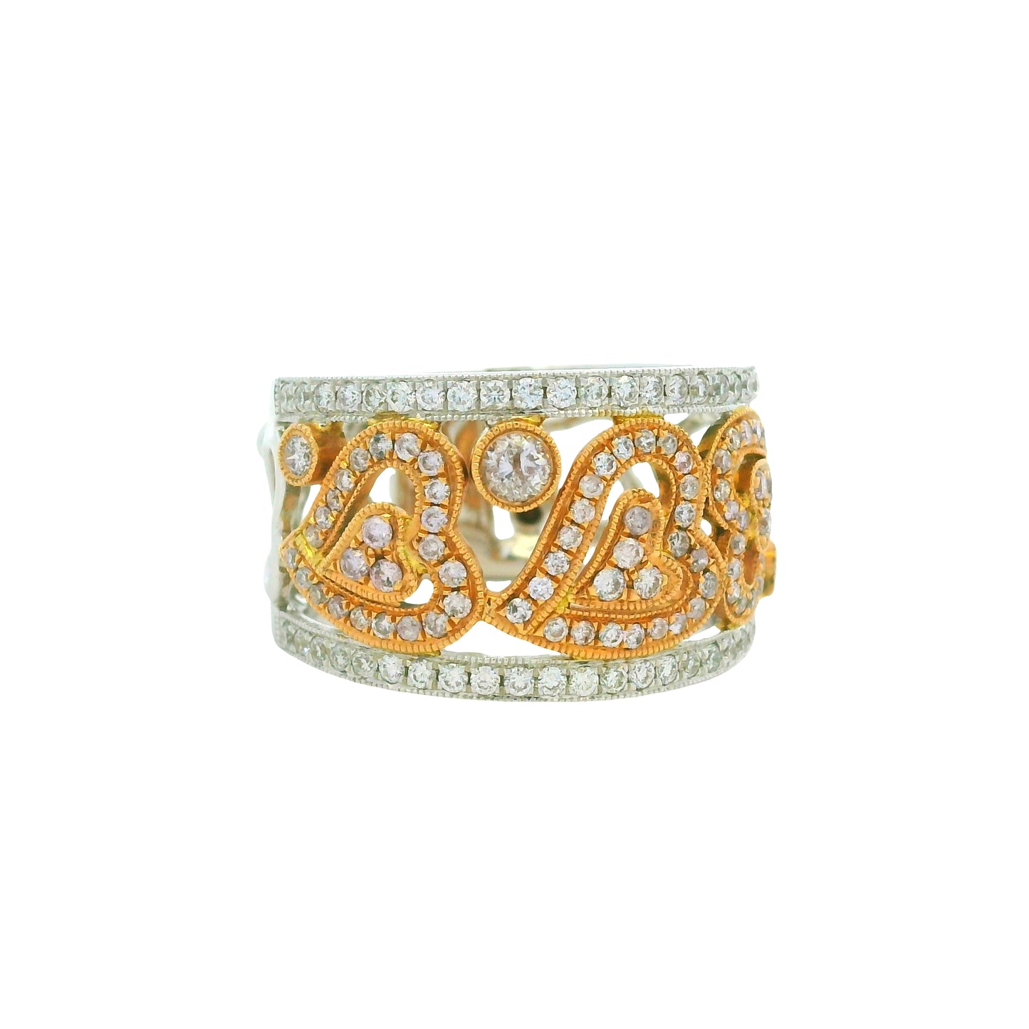 18K Two-Tone Gold Natural Pink & White Round Brilliant Diamond Open Heart Ring