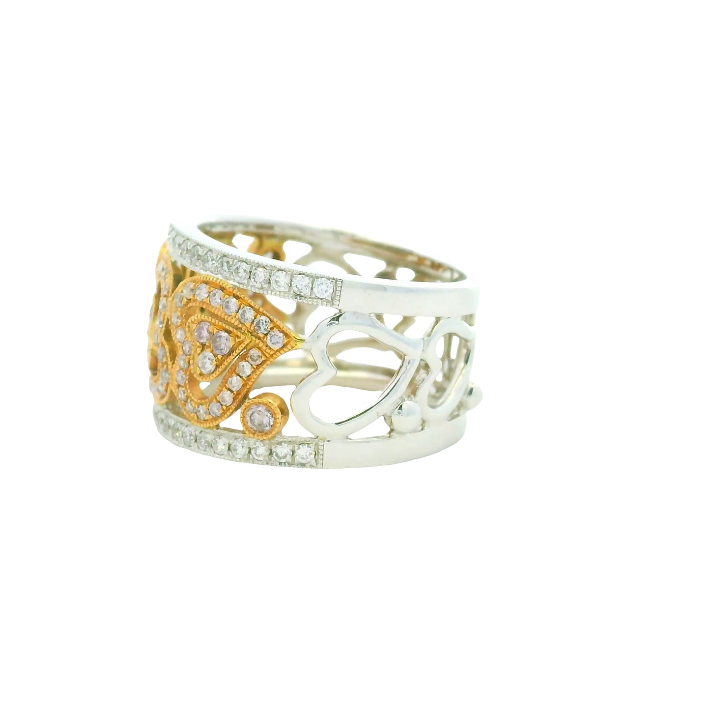 18K Two-Tone Gold Natural Pink & White Round Brilliant Diamond Open Heart Ring