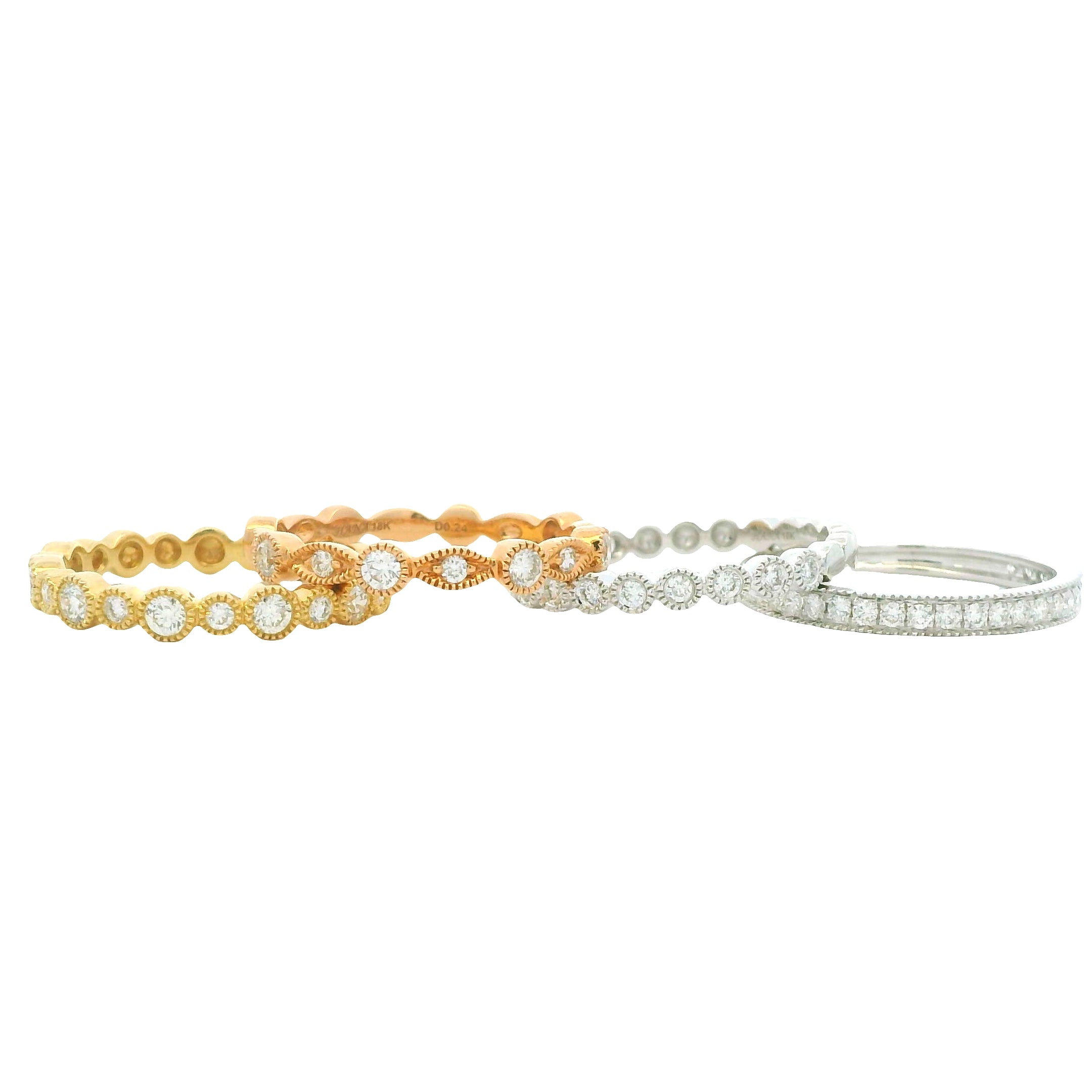 18K Tri-Color Gold Natural Diamond Set Of Four Half-Way Stackable Station Ring