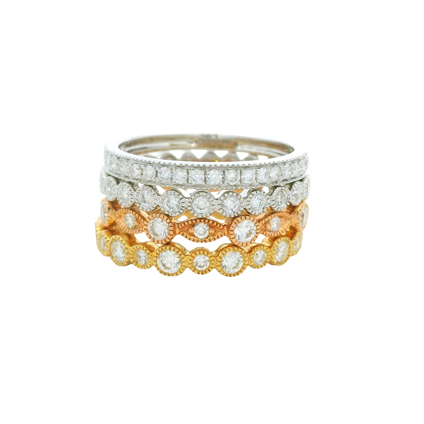 18K Tri-Color Natural Round Brilliant Cut Diamond Set Of Four Half-Way Stackable Ring