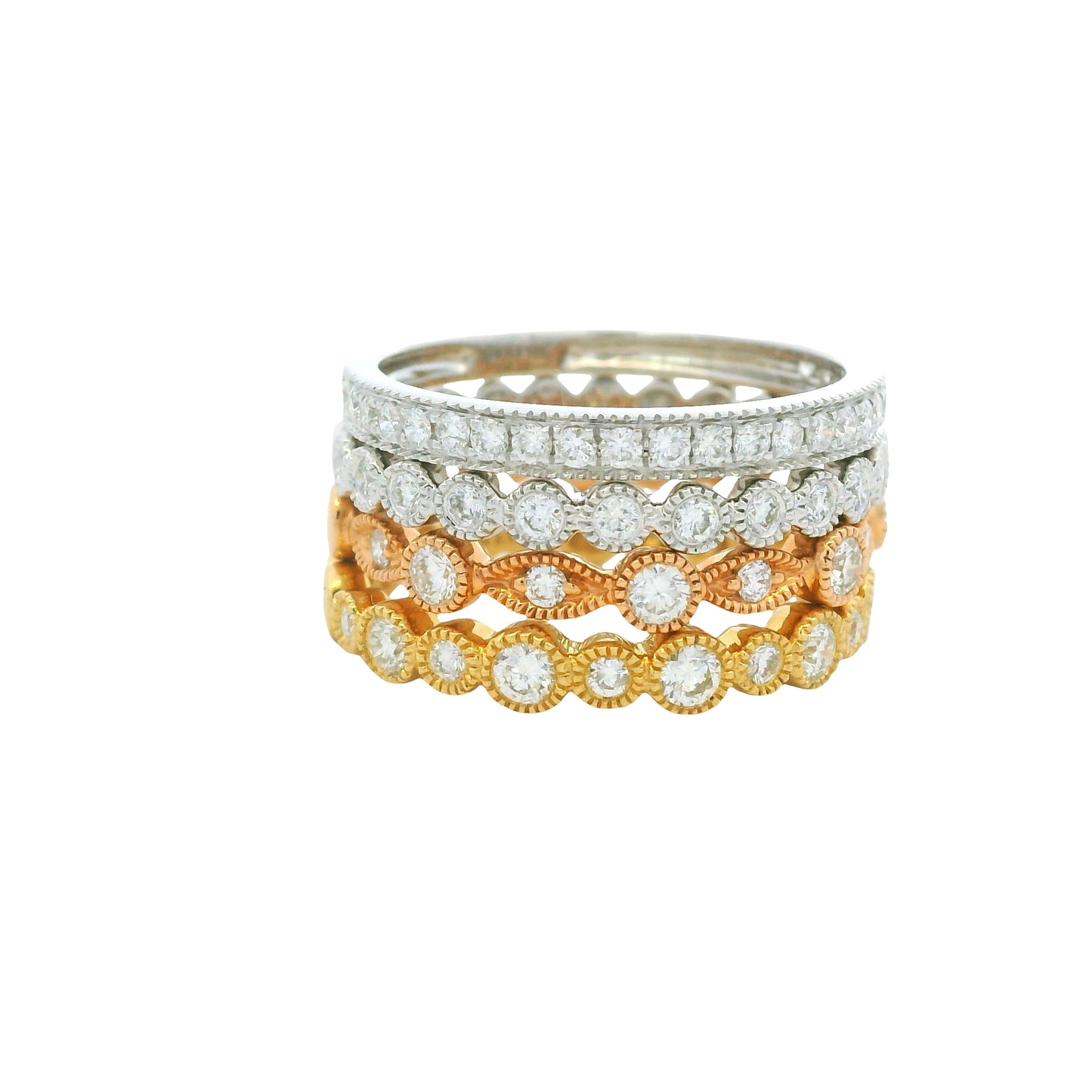 18K Tri-Color Natural Round Brilliant Cut Diamond Set Of Four Half-Way Stackable Ring