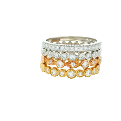 18K Tri-Color Natural Round Brilliant Cut Diamond Set Of Four Half-Way Stackable Ring