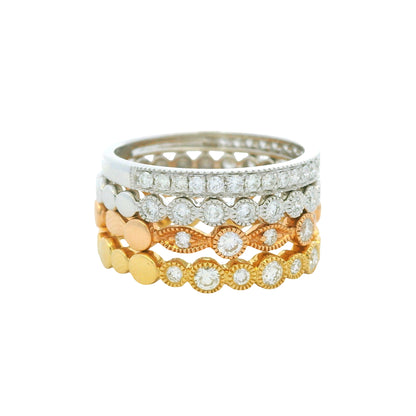18K Tri-Color Natural Round Brilliant Cut Diamond Set Of Four Half-Way Stackable Ring