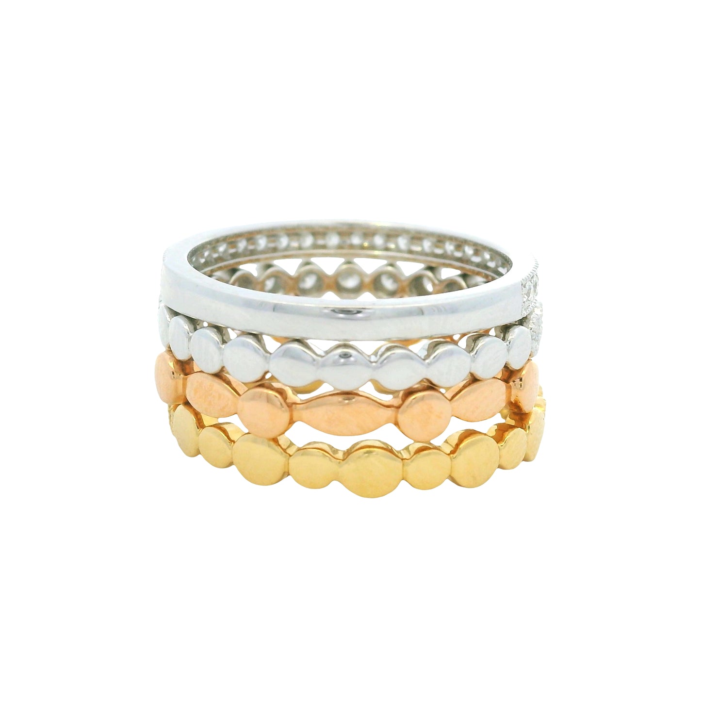 18K Tri-Color Natural Round Brilliant Cut Diamond Set Of Four Half-Way Stackable Ring