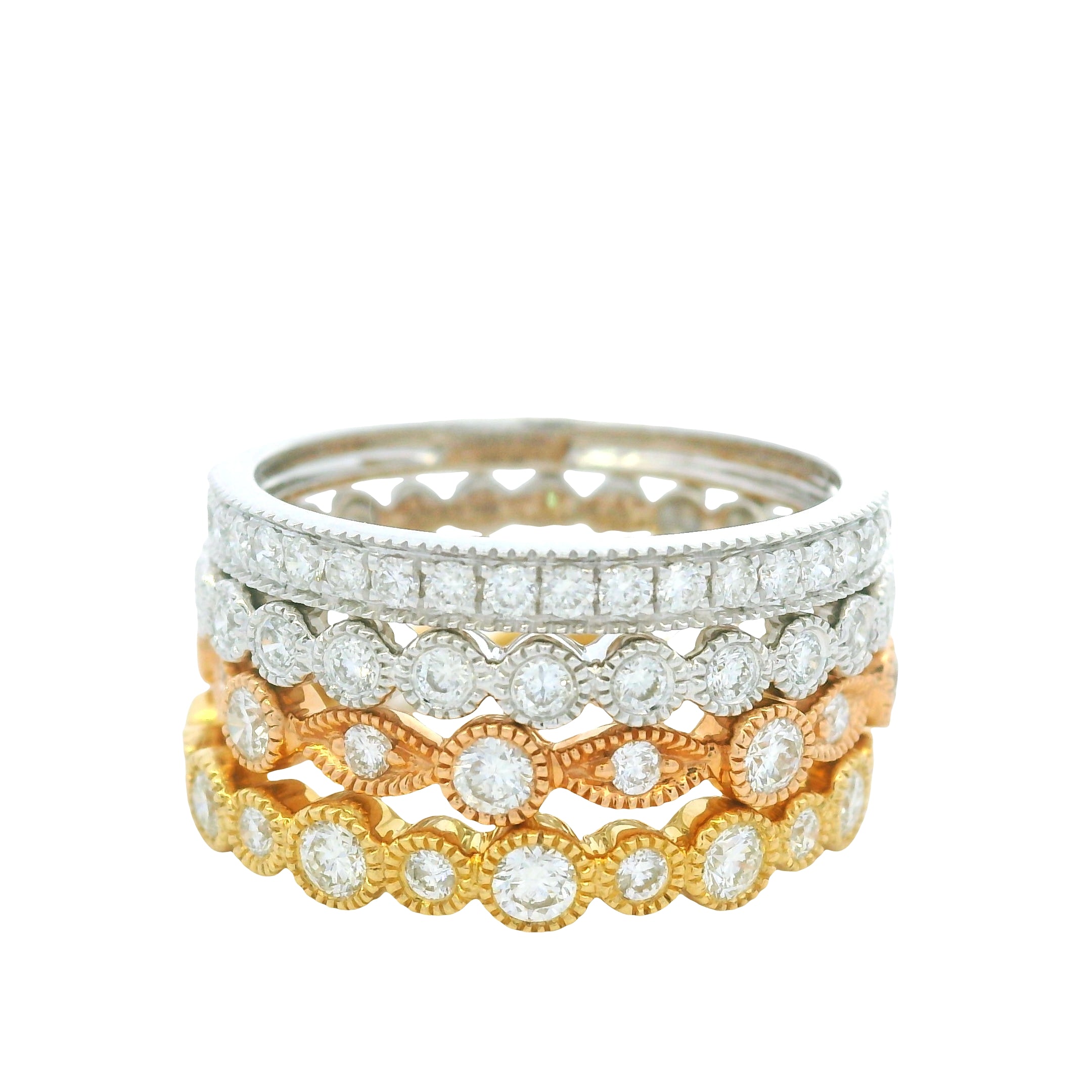 18K Tri-Color Natural Round Brilliant Cut Diamond Set Of Four Half-Way Stackable Ring