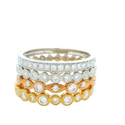 18K Tri-Color Natural Round Brilliant Cut Diamond Set Of Four Half-Way Stackable Ring