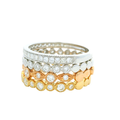 18K Tri-Color Natural Round Brilliant Cut Diamond Set Of Four Half-Way Stackable Ring