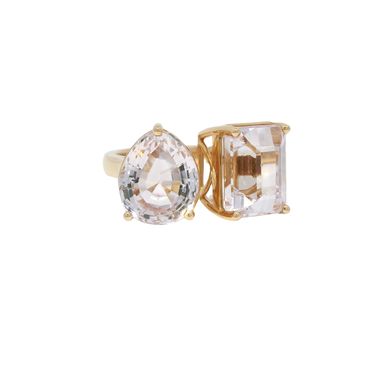 18k Rose Gold Natural Kunzite Pear &amp; Emerald Cut Toi Et Moi Ring