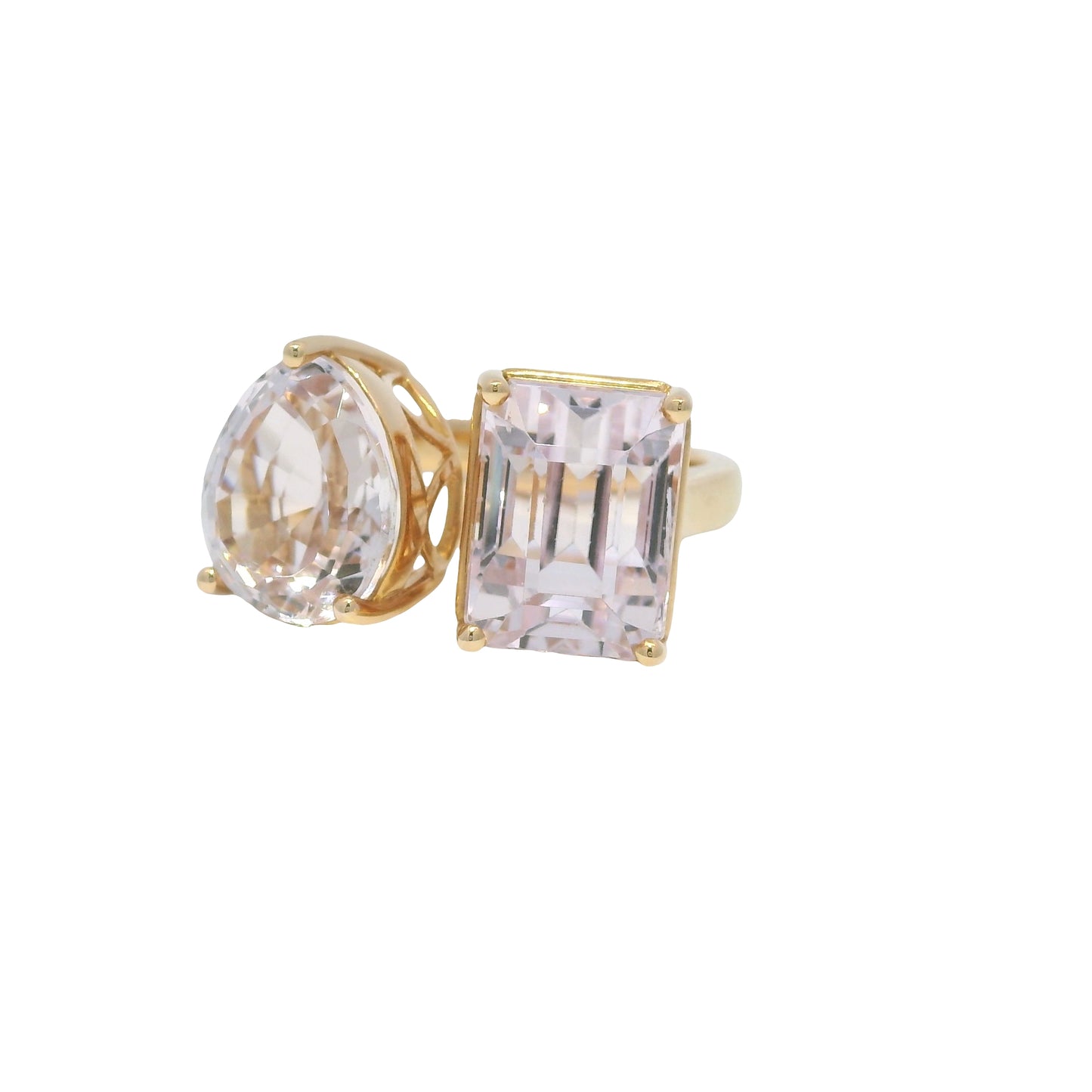 18k Rose Gold Natural Kunzite Pear &amp; Emerald Cut Toi Et Moi Ring