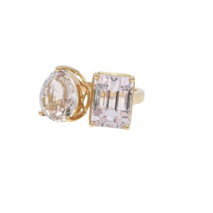 18k Rose Gold Natural Kunzite Pear &amp; Emerald Cut Toi Et Moi Ring